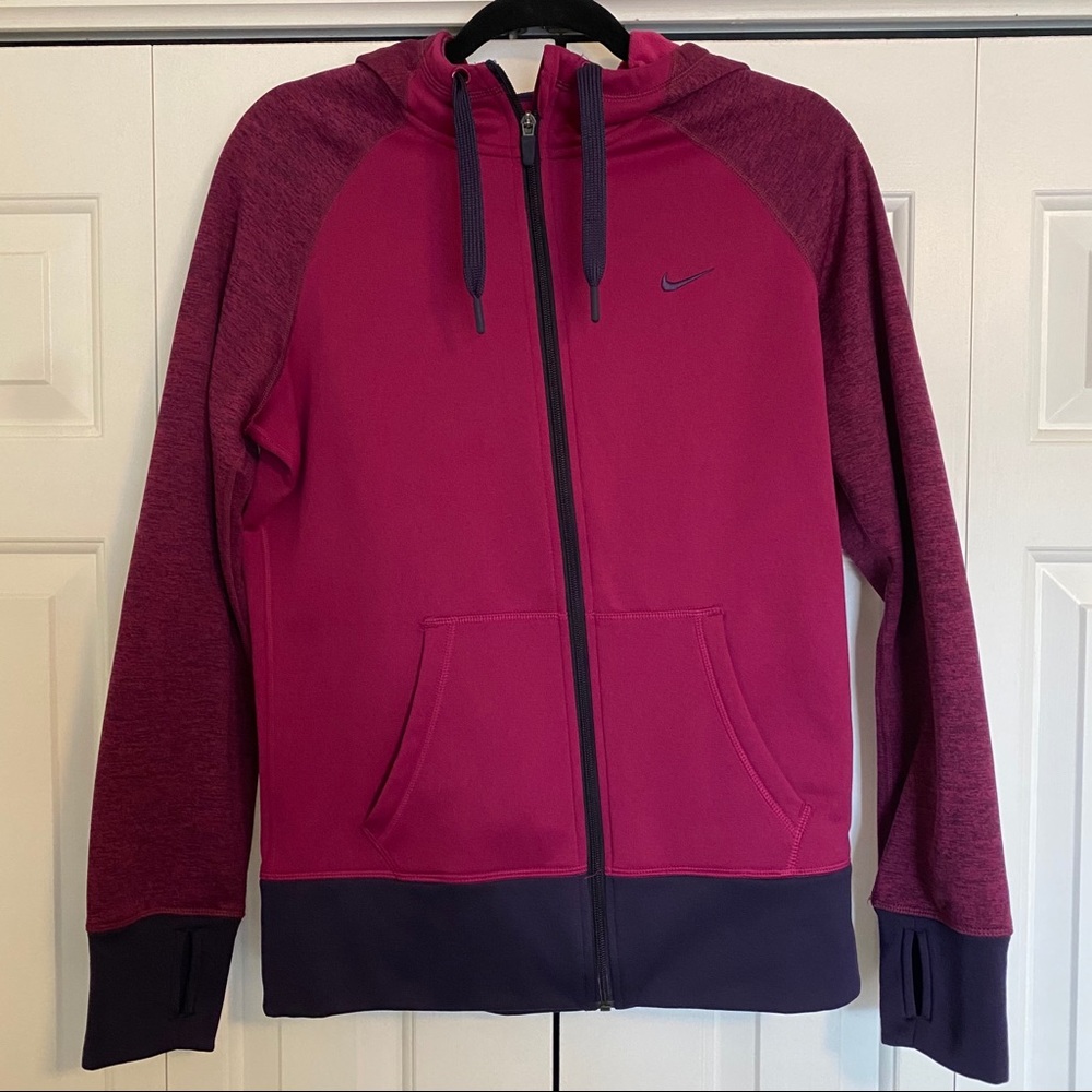 Nike magenta and purple zip-up jacket w/ hood; M